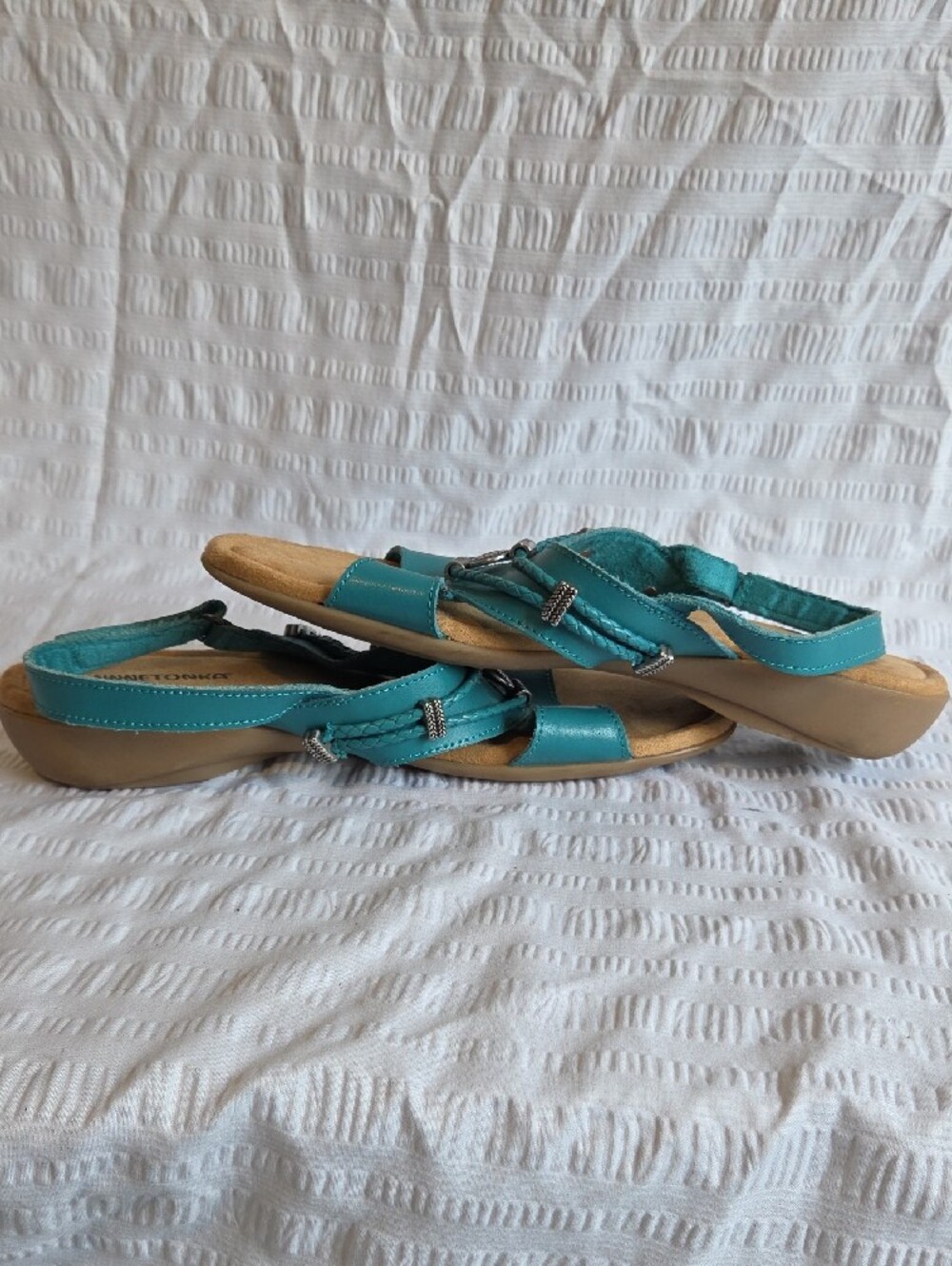 Minnetonka Teal Braided Strap Women's Sandals - Picture 5 of 8